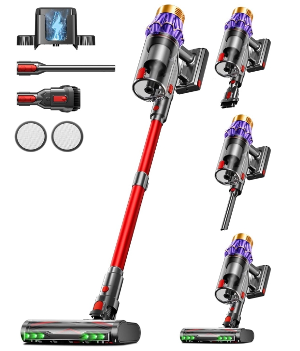 Aspiradora sin Cable 60Kpa/650W/70Mins, Escoba Aspiradora de 1.8L, Sistema de Filtración de 8 Etapas,Autoportante, Adecuada para Pelo de Mas